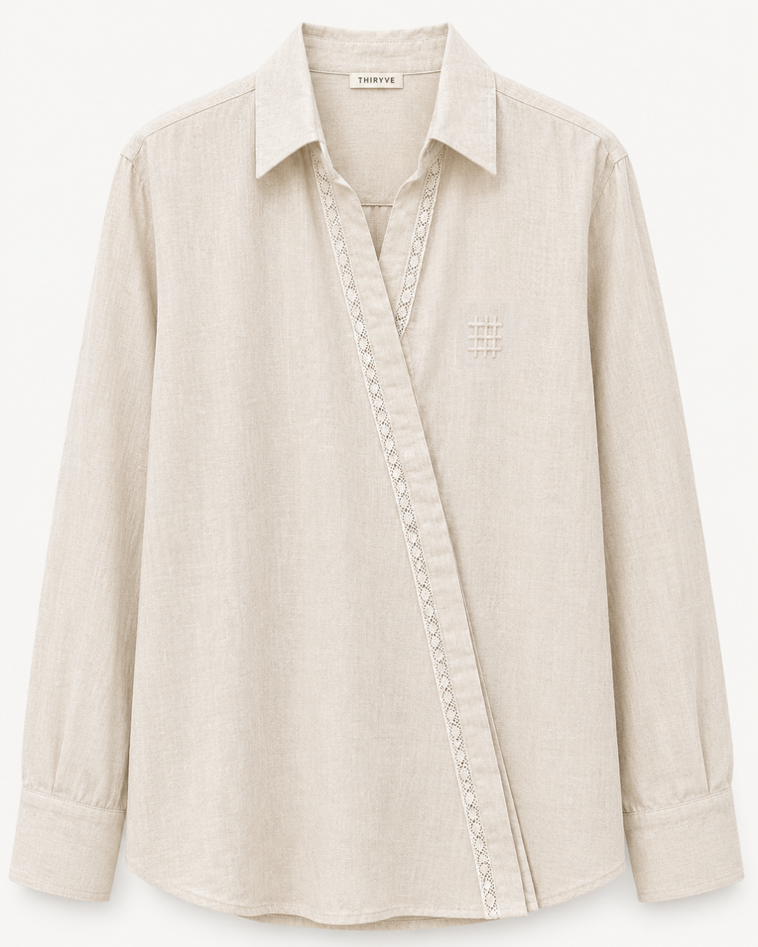 Beige shirt with a brand logo on a white background
