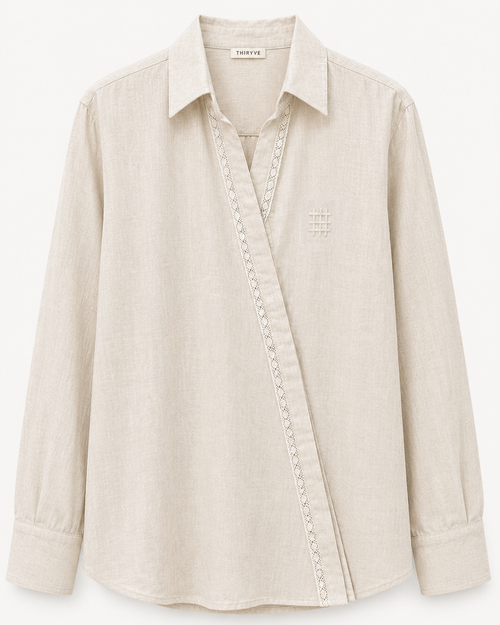 Beige shirt with a brand logo on a white background