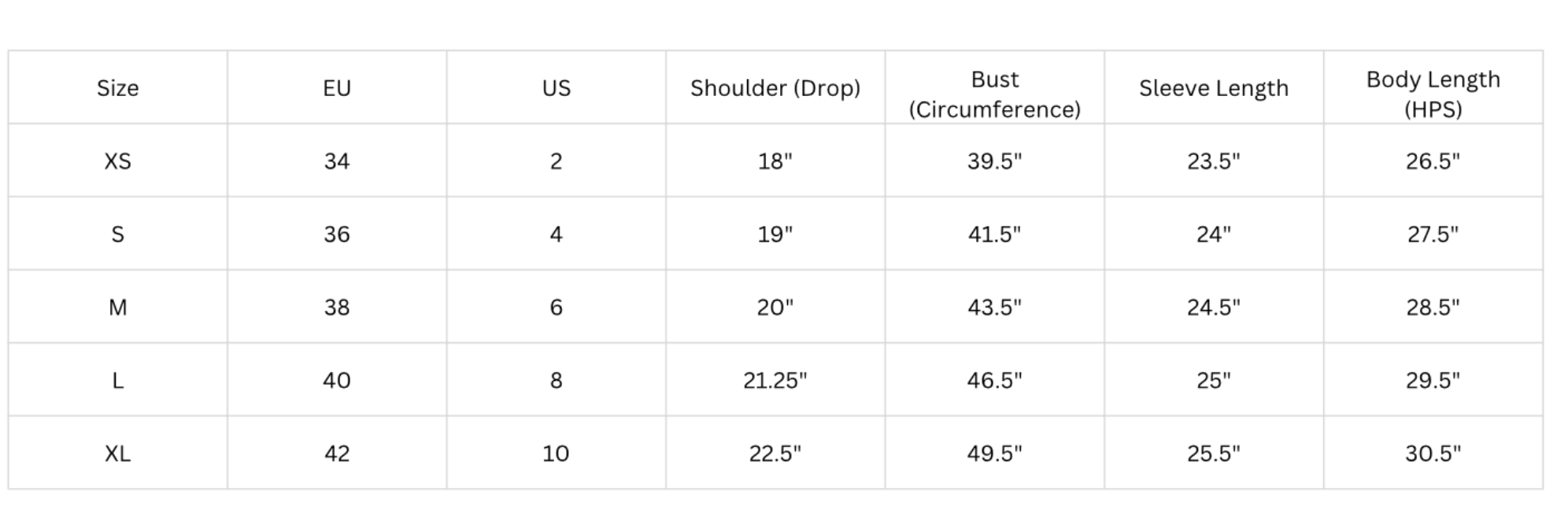 Size chart for clothing with measurements in inches