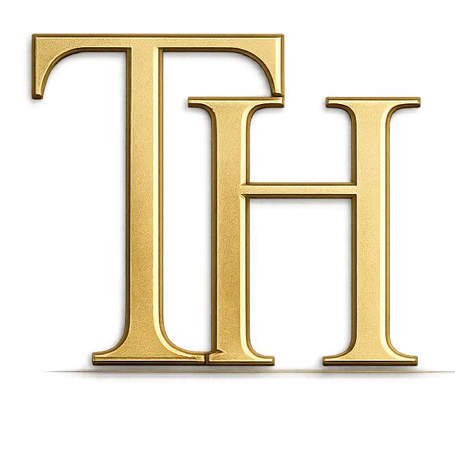 Gold letters 'TH' on a white background